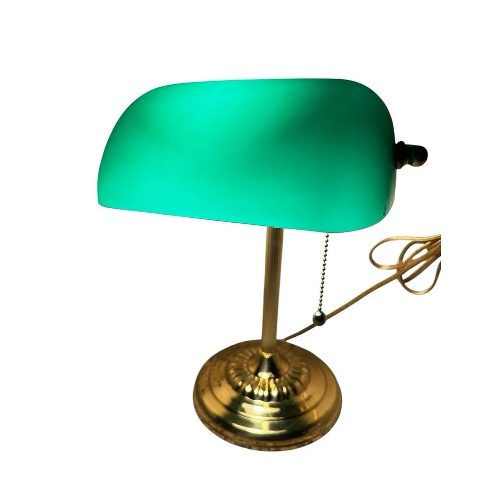 Vintage Brass Bankers Lamp Desk Emerald Green Glass Shade Emeralite 1970s/1980s
